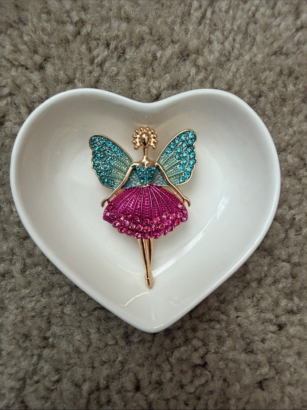 Gold Fairy Brooch with Pink Skirt and Teal Wings